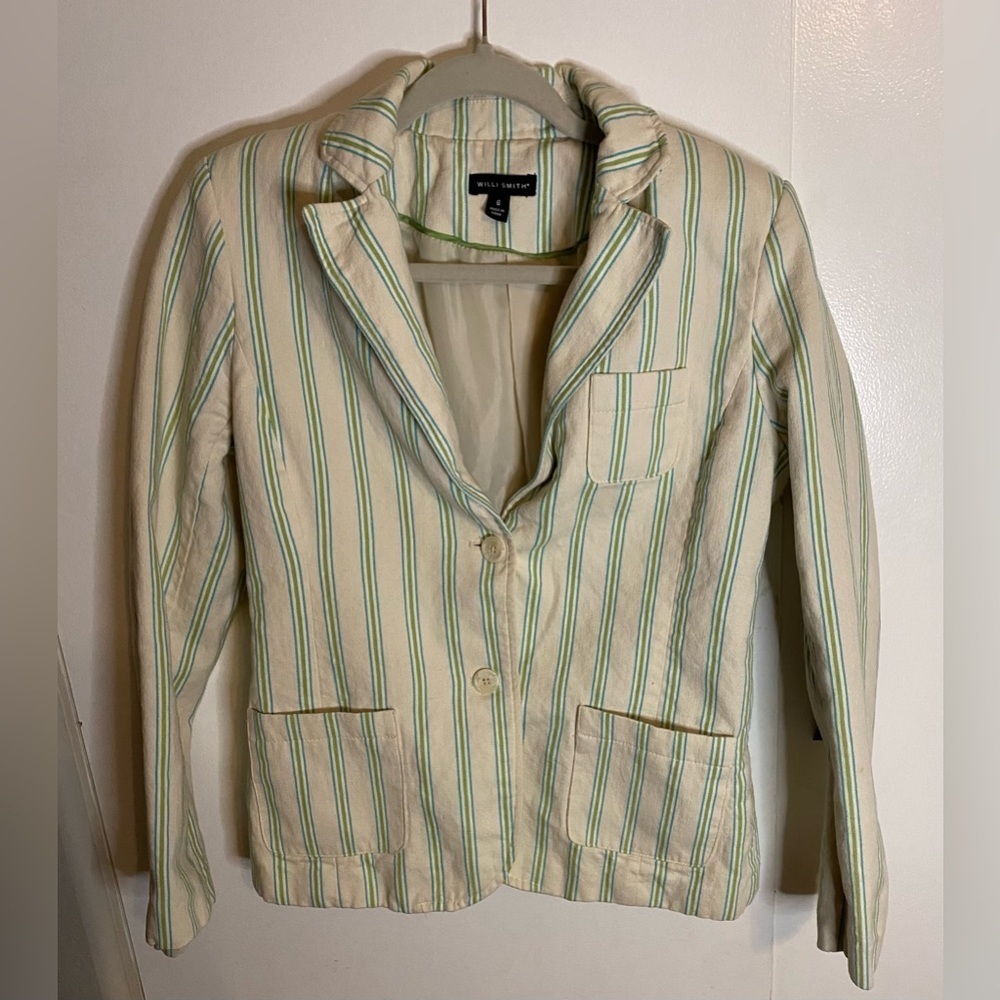 Vintage Willi Smith Blazer SZ 6 Cotton Linen Blend. Lined. Beige, Striped.